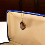 Estate 18K Smoky Quartz Teardrop Necklace In Yellow Gold, Pear-Cut Solitaire Pendant, 1mm Gold Chain, 16" L