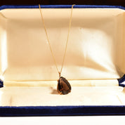 Estate 18K Smoky Quartz Teardrop Necklace In Yellow Gold, Pear-Cut Solitaire Pendant, 1mm Gold Chain, 16" L