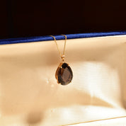 Estate 18K Smoky Quartz Teardrop Necklace In Yellow Gold, Pear-Cut Solitaire Pendant, 1mm Gold Chain, 16" L