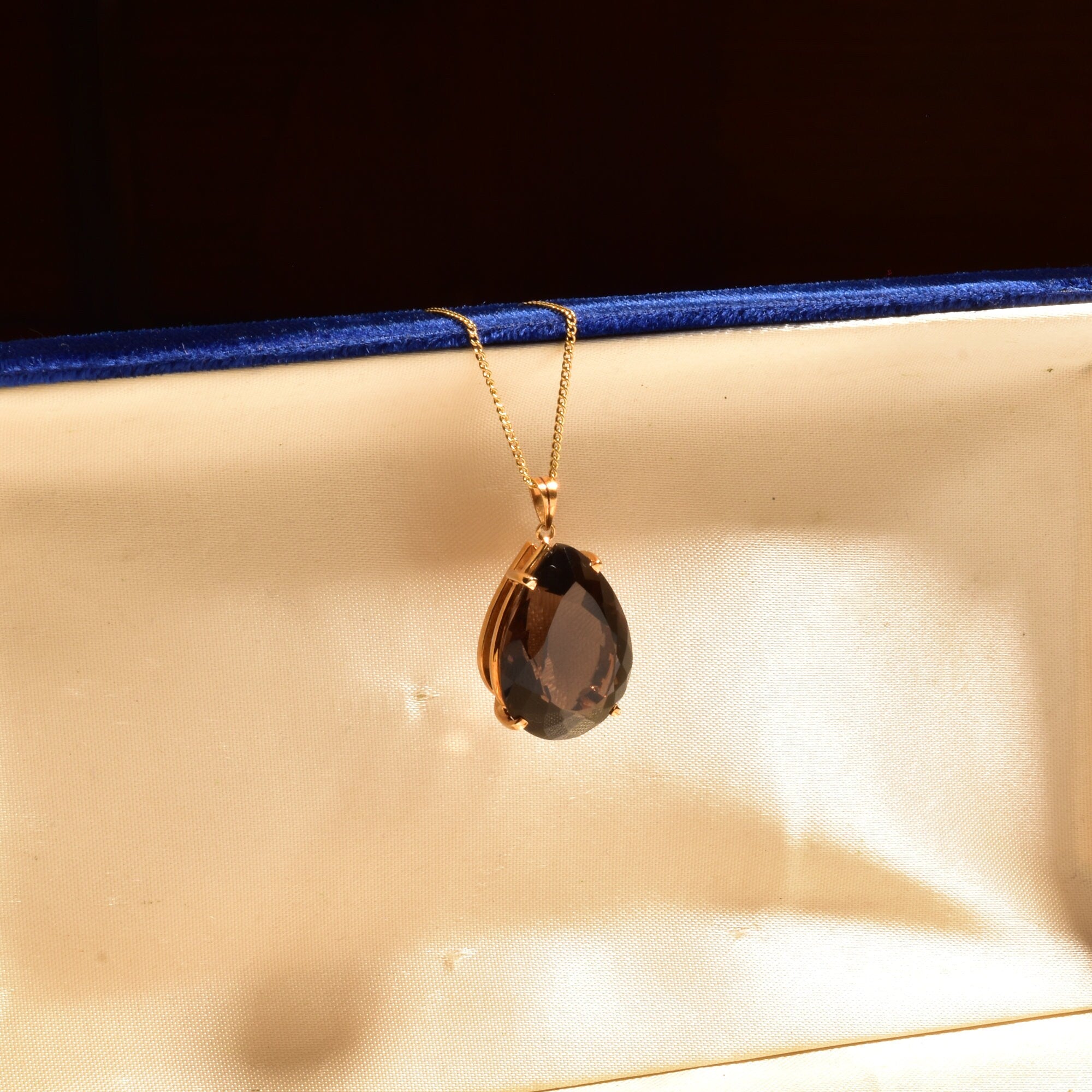 Estate 18K Smoky Quartz Teardrop Necklace In Yellow Gold, Pear-Cut Solitaire Pendant, 1mm Gold Chain, 16" L