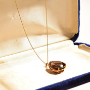 Estate 18K Smoky Quartz Teardrop Necklace In Yellow Gold, Pear-Cut Solitaire Pendant, 1mm Gold Chain, 16" L