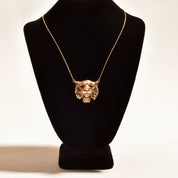 Victorian Edwardian 14K Lion Head Pendant Necklace With CZ Diamond & Blue Glass Jewels, Antique Jewelry, 17" L