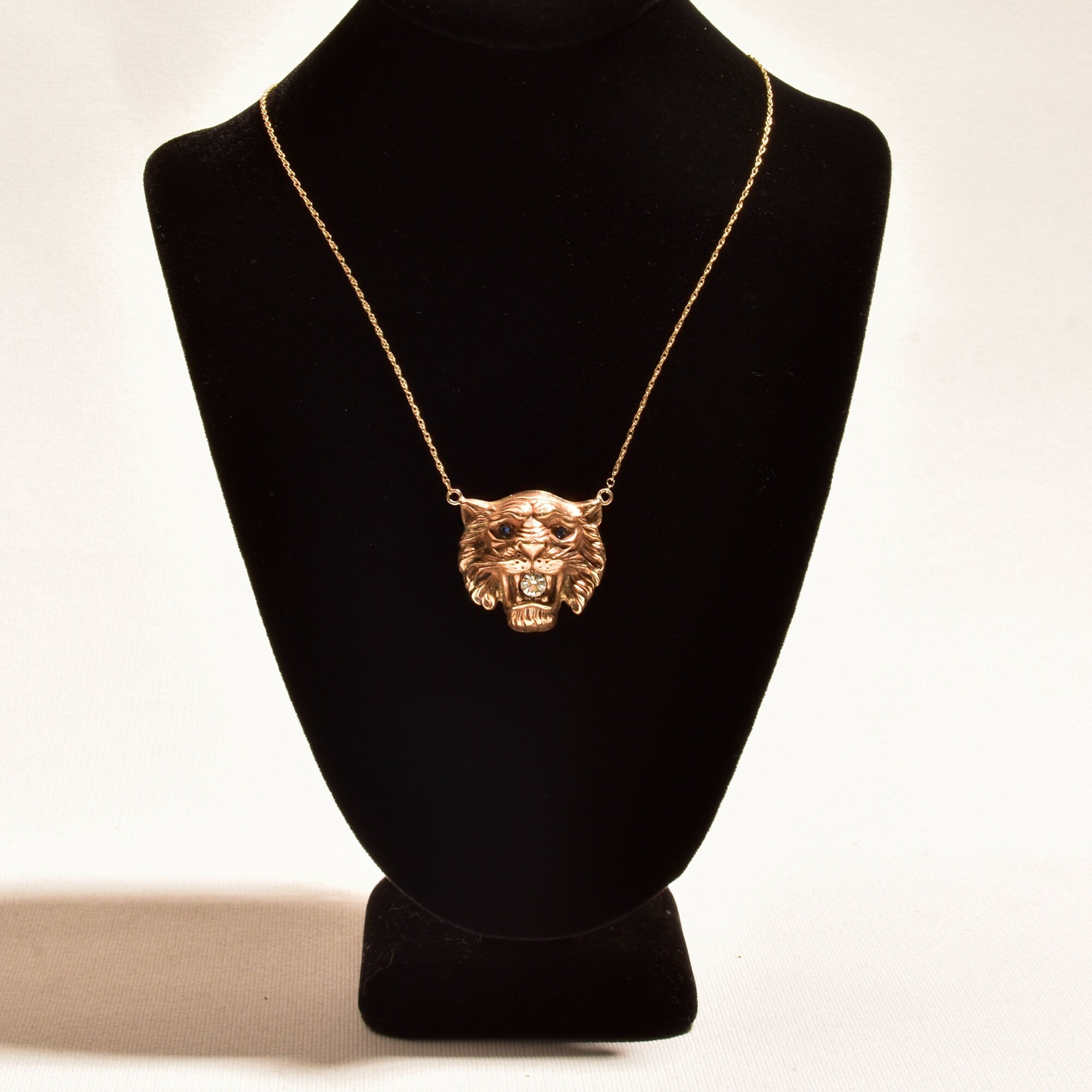Victorian Edwardian 14K Lion Head Pendant Necklace With CZ Diamond & Blue Glass Jewels, Antique Jewelry, 17" L