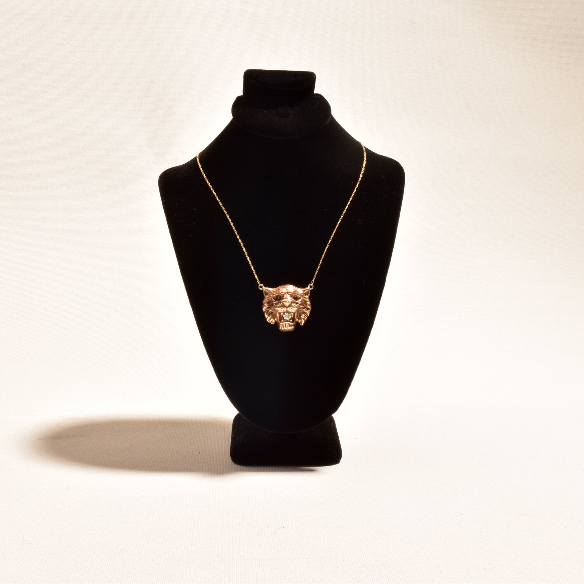 Victorian Edwardian 14K Lion Head Pendant Necklace With CZ Diamond & Blue Glass Jewels, Antique Jewelry, 17" L