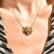 Victorian Edwardian 14K Lion Head Pendant Necklace With CZ Diamond & Blue Glass Jewels, Antique Jewelry, 17" L