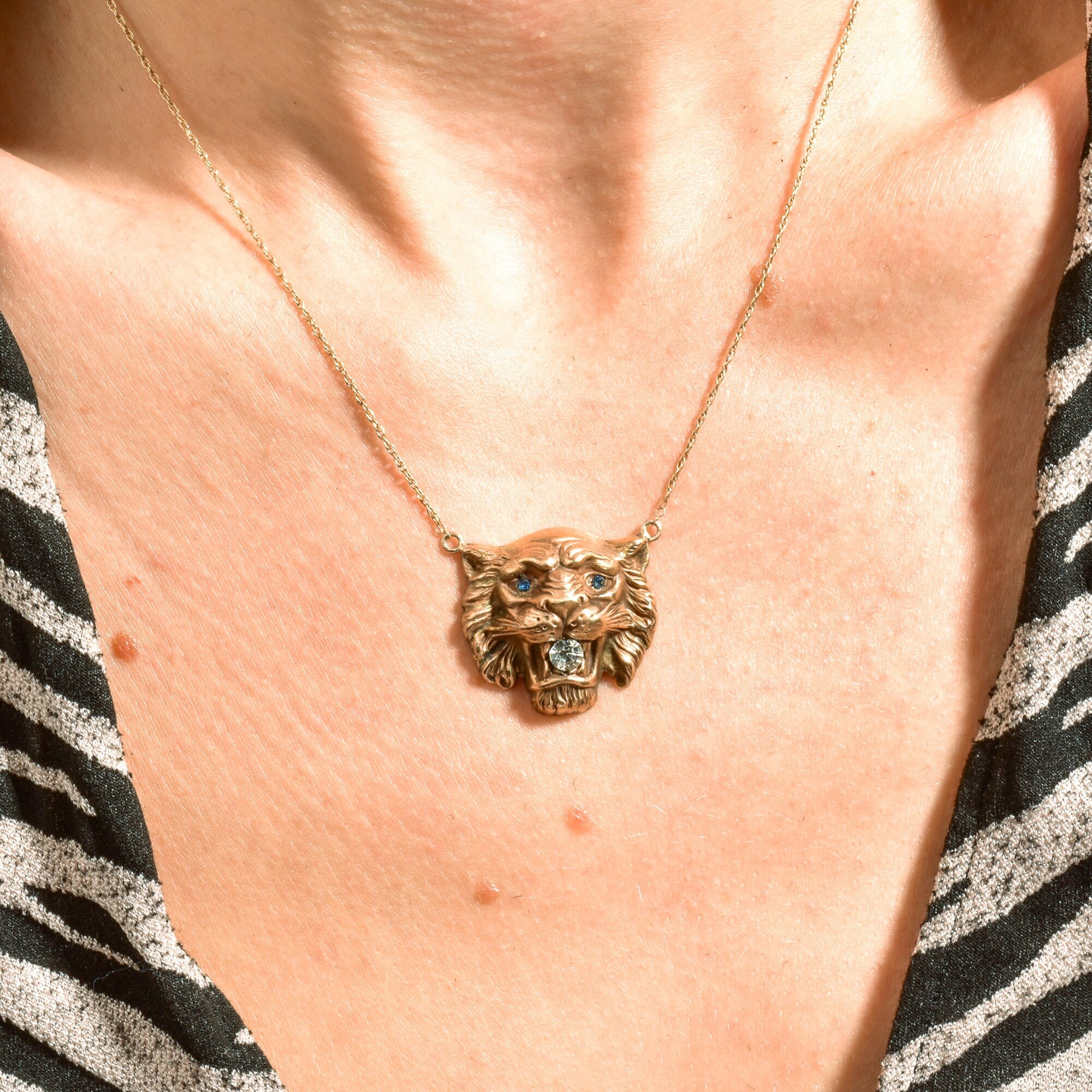 Victorian Edwardian 14K Lion Head Pendant Necklace With CZ Diamond & Blue Glass Jewels, Antique Jewelry, 17" L