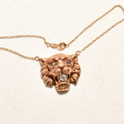Victorian Edwardian 14K Lion Head Pendant Necklace With CZ Diamond & Blue Glass Jewels, Antique Jewelry, 17" L