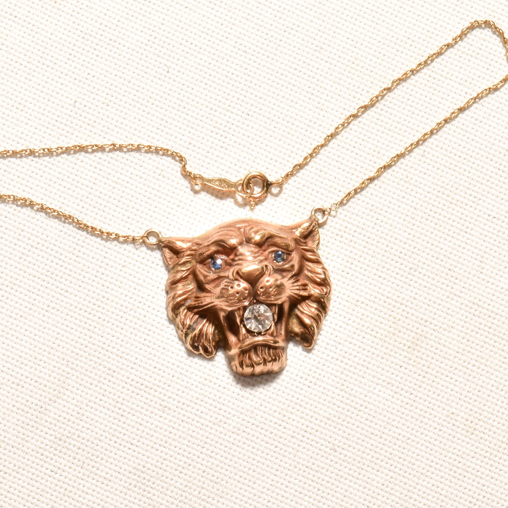 Victorian Edwardian 14K Lion Head Pendant Necklace With CZ Diamond & Blue Glass Jewels, Antique Jewelry, 17" L