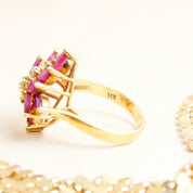 Estate 14K Pink Sapphire Diamond Flower Cluster Ring In Yellow Gold, Vintage Cocktail Ring, DRA 14K, 6 3/4 US