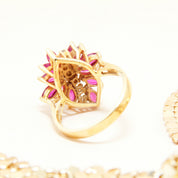 Estate 14K Pink Sapphire Diamond Flower Cluster Ring In Yellow Gold, Vintage Cocktail Ring, DRA 14K, 6 3/4 US