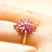 Estate 14K Pink Sapphire Diamond Flower Cluster Ring In Yellow Gold, Vintage Cocktail Ring, DRA 14K, 6 3/4 US