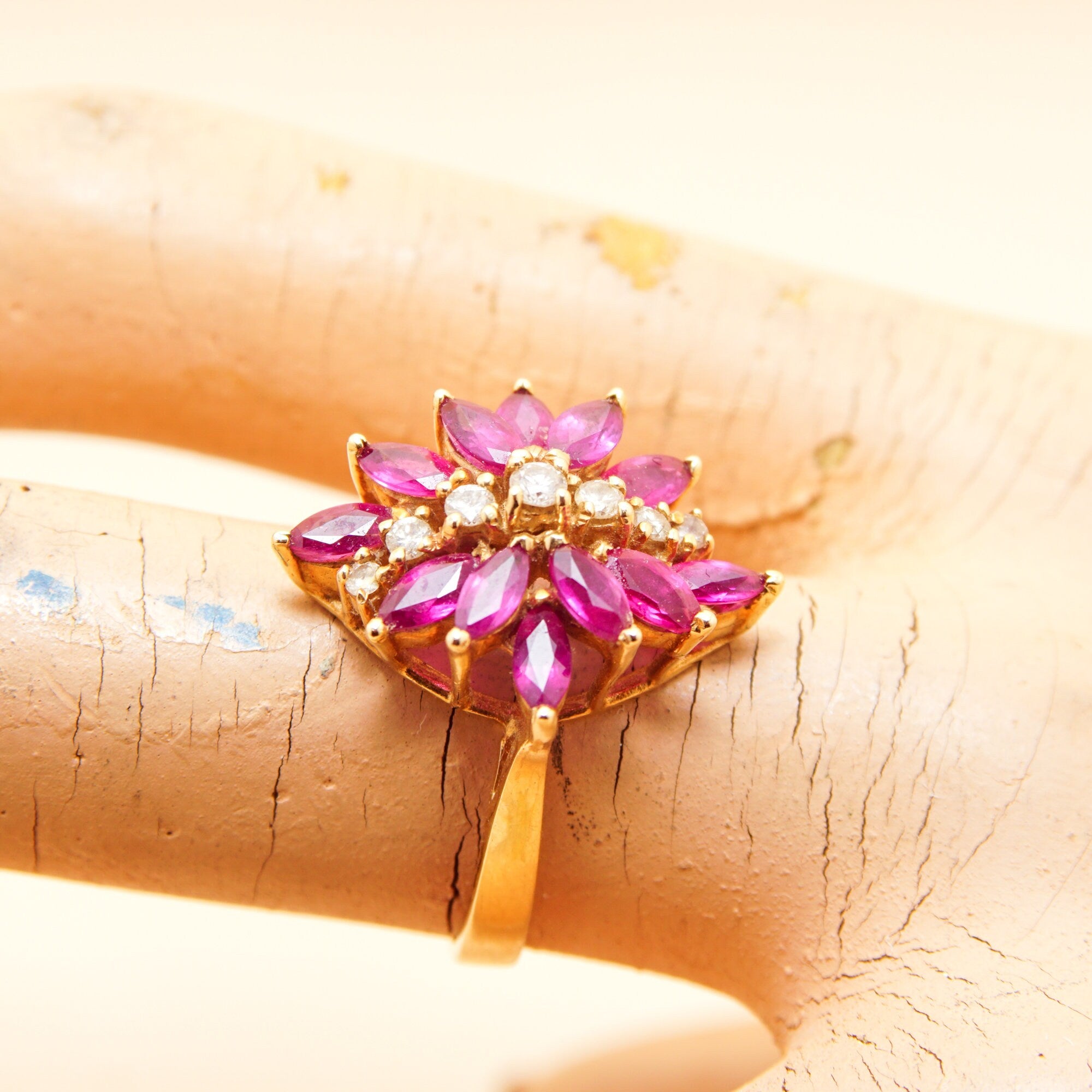 Estate 14K Pink Sapphire Diamond Flower Cluster Ring In Yellow Gold, Vintage Cocktail Ring, DRA 14K, 6 3/4 US