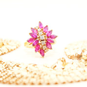 Estate 14K Pink Sapphire Diamond Flower Cluster Ring In Yellow Gold, Vintage Cocktail Ring, DRA 14K, 6 3/4 US