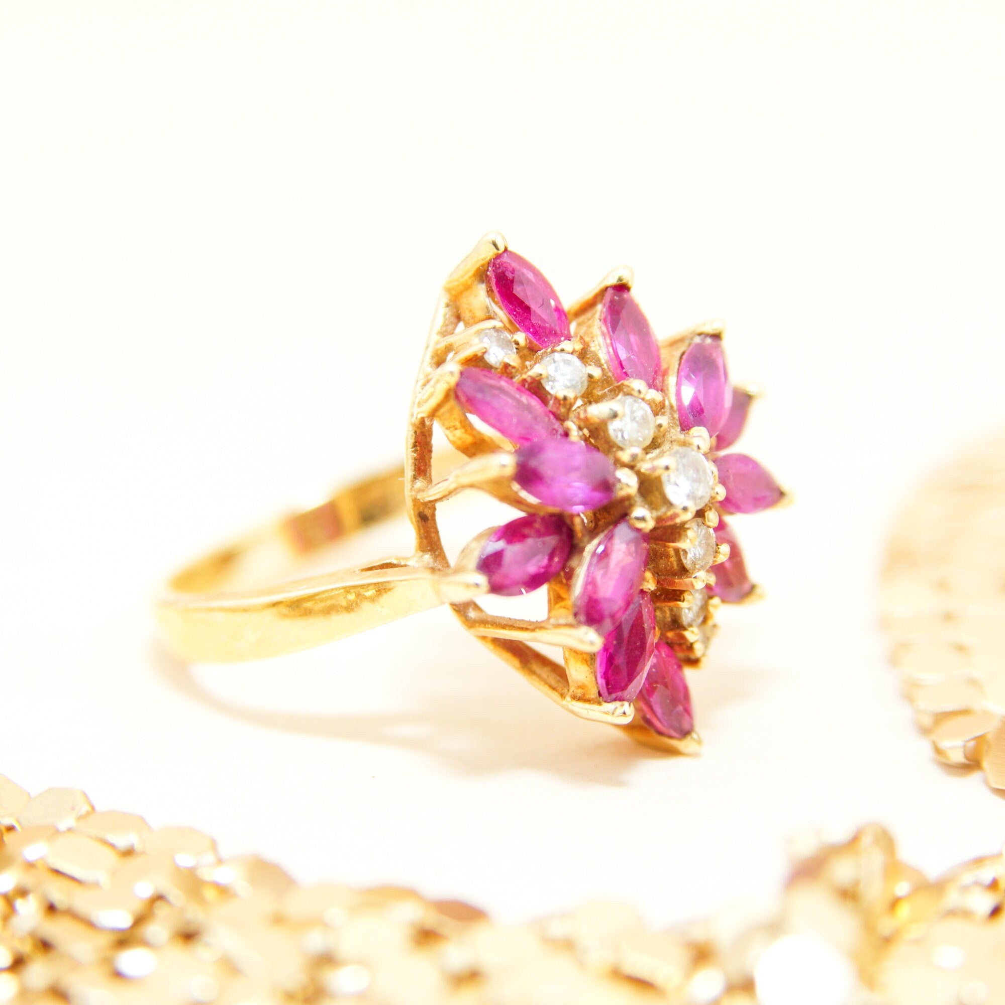 Estate 14K Pink Sapphire Diamond Flower Cluster Ring In Yellow Gold, Vintage Cocktail Ring, DRA 14K, 6 3/4 US