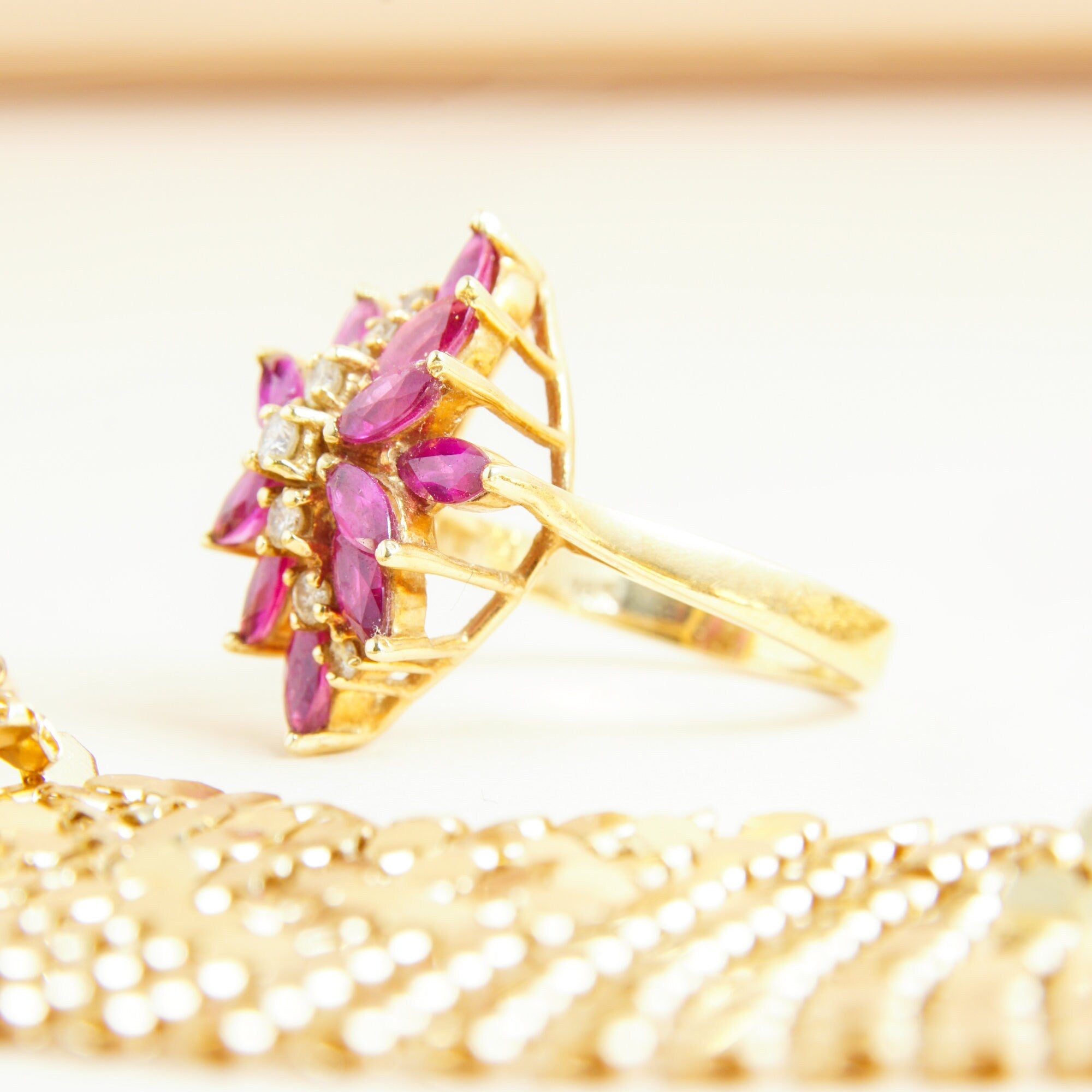 Estate 14K Pink Sapphire Diamond Flower Cluster Ring In Yellow Gold, Vintage Cocktail Ring, DRA 14K, 6 3/4 US