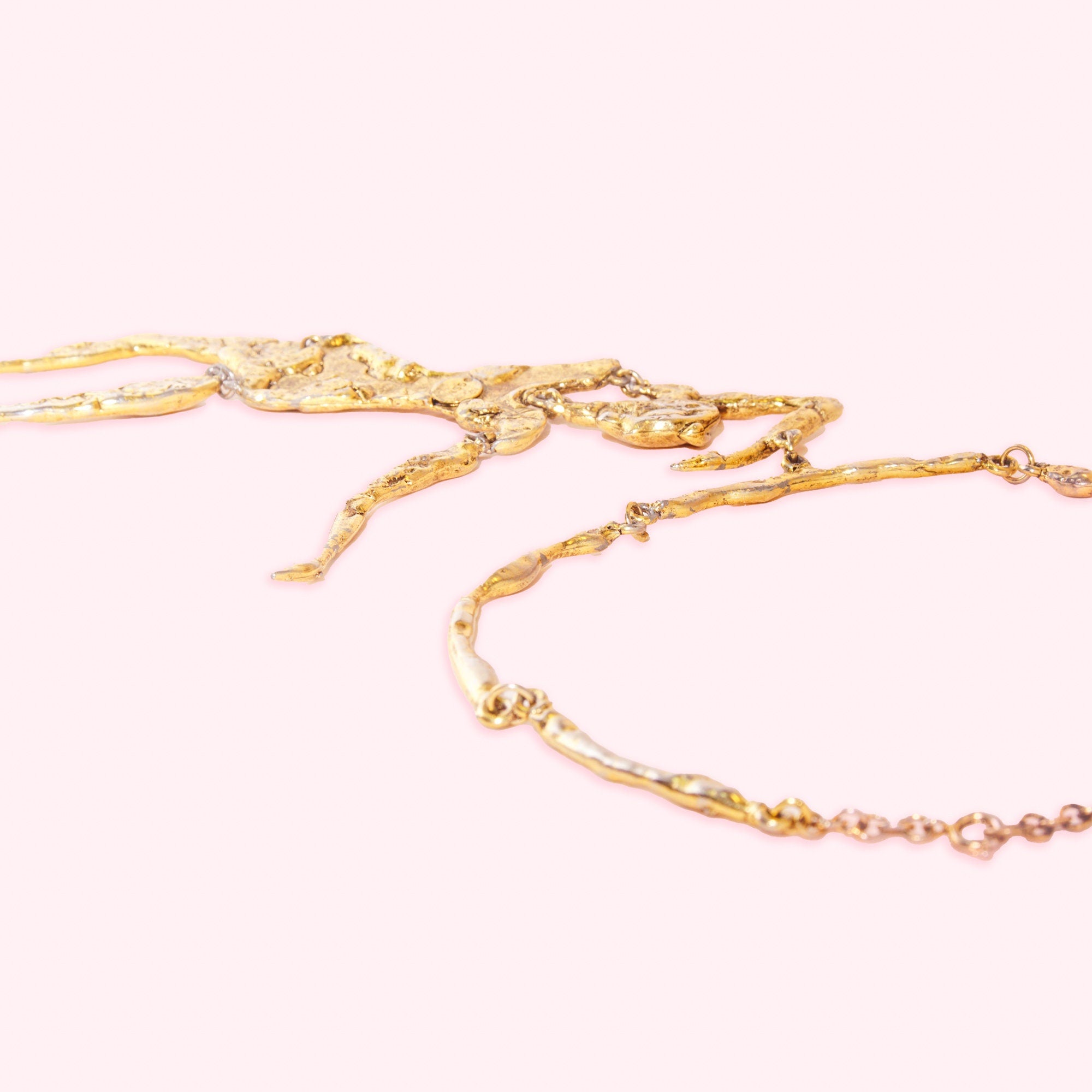 Modernist GSM Brass Plated Pendant Necklace, Huge Mixed Metal Articulated Dancing Lady Figure Pendant, Adjustable