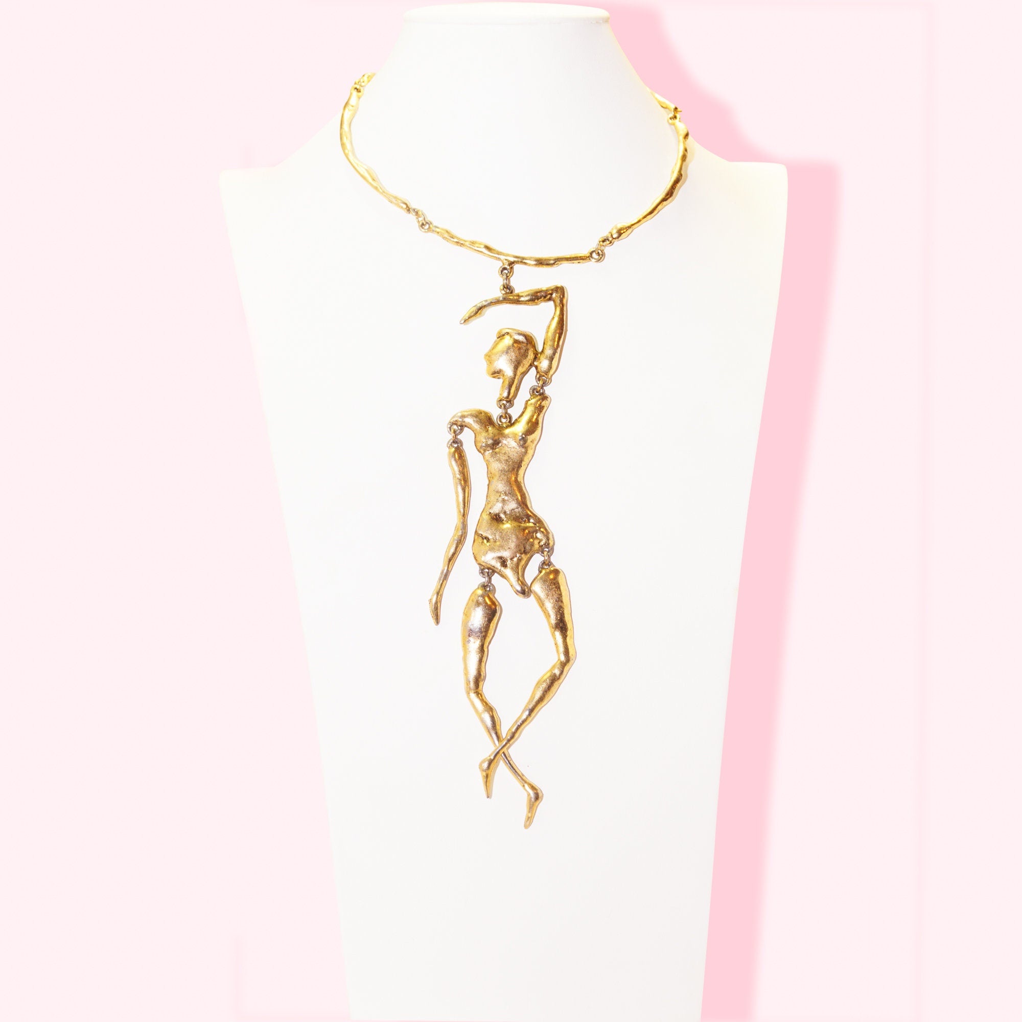Modernist GSM Brass Plated Pendant Necklace, Huge Mixed Metal Articulated Dancing Lady Figure Pendant, Adjustable