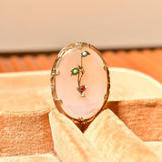 Victorian 14K Quartz Floral Filigree Cameo Style Brooch, Engraved Yellow Gold Setting, Turquoise & Ruby Accents - Good's Vintage