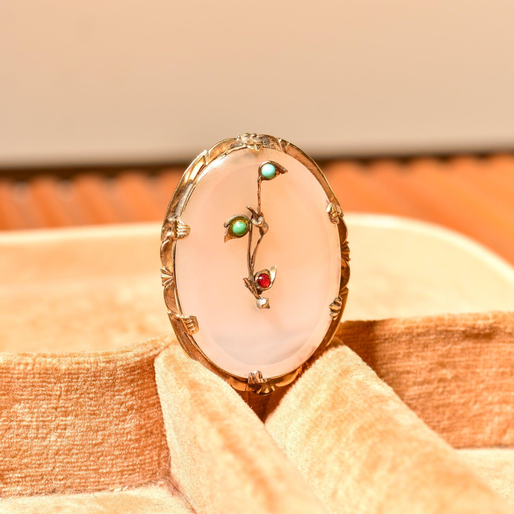 Victorian 14K Quartz Floral Filigree Cameo Style Brooch, Engraved Yellow Gold Setting, Turquoise & Ruby Accents - Good's Vintage