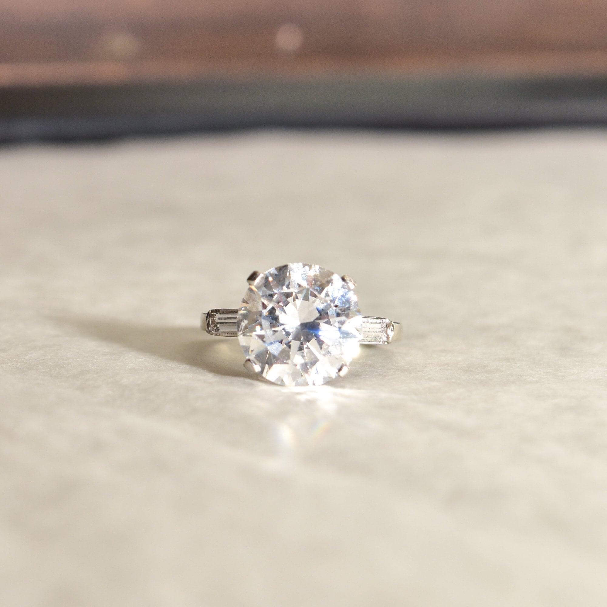 Huge 14K White Gold CZ Diamond Engagement Ring W/ Baguette Diamond Side Stones, Estate Jewelry, Size 8 US - Good's Vintage