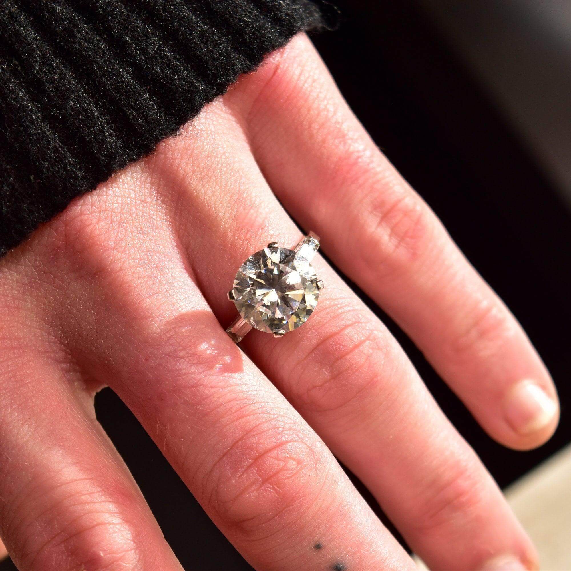 Huge 14K White Gold CZ Diamond Engagement Ring W/ Baguette Diamond Side Stones, Estate Jewelry, Size 8 US - Good's Vintage
