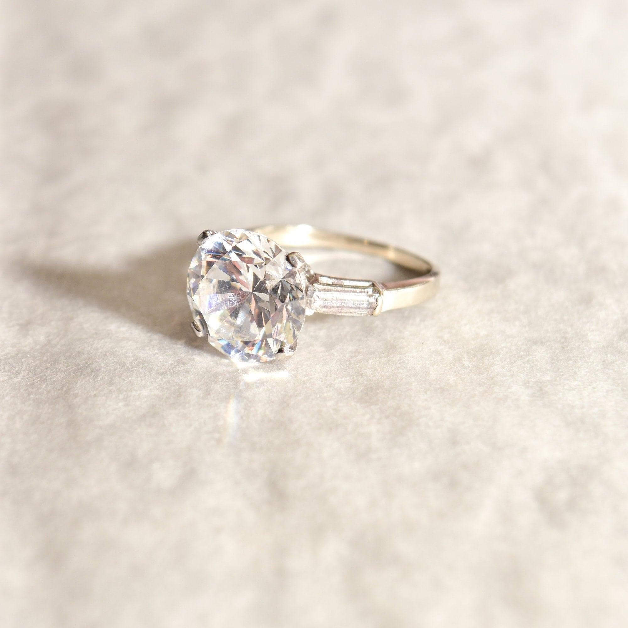 Huge 14K White Gold CZ Diamond Engagement Ring W/ Baguette Diamond Side Stones, Estate Jewelry, Size 8 US - Good's Vintage