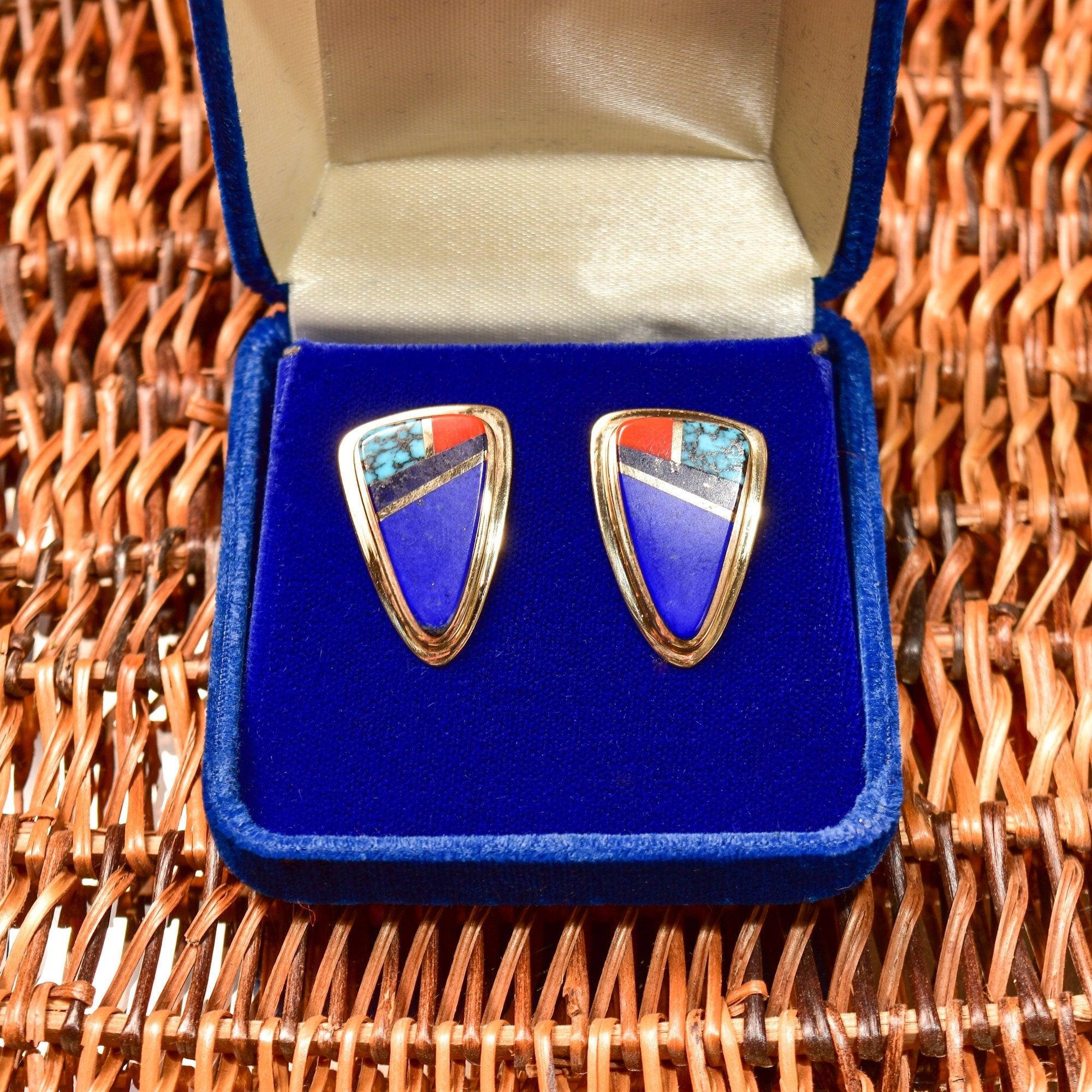 Signed Sonwai 14K Inlay Hopi Earrings, Yellow Gold, Lapis Lazuli, Turquoise & Coral, Verma Nequatewa, 30mm - Good's Vintage
