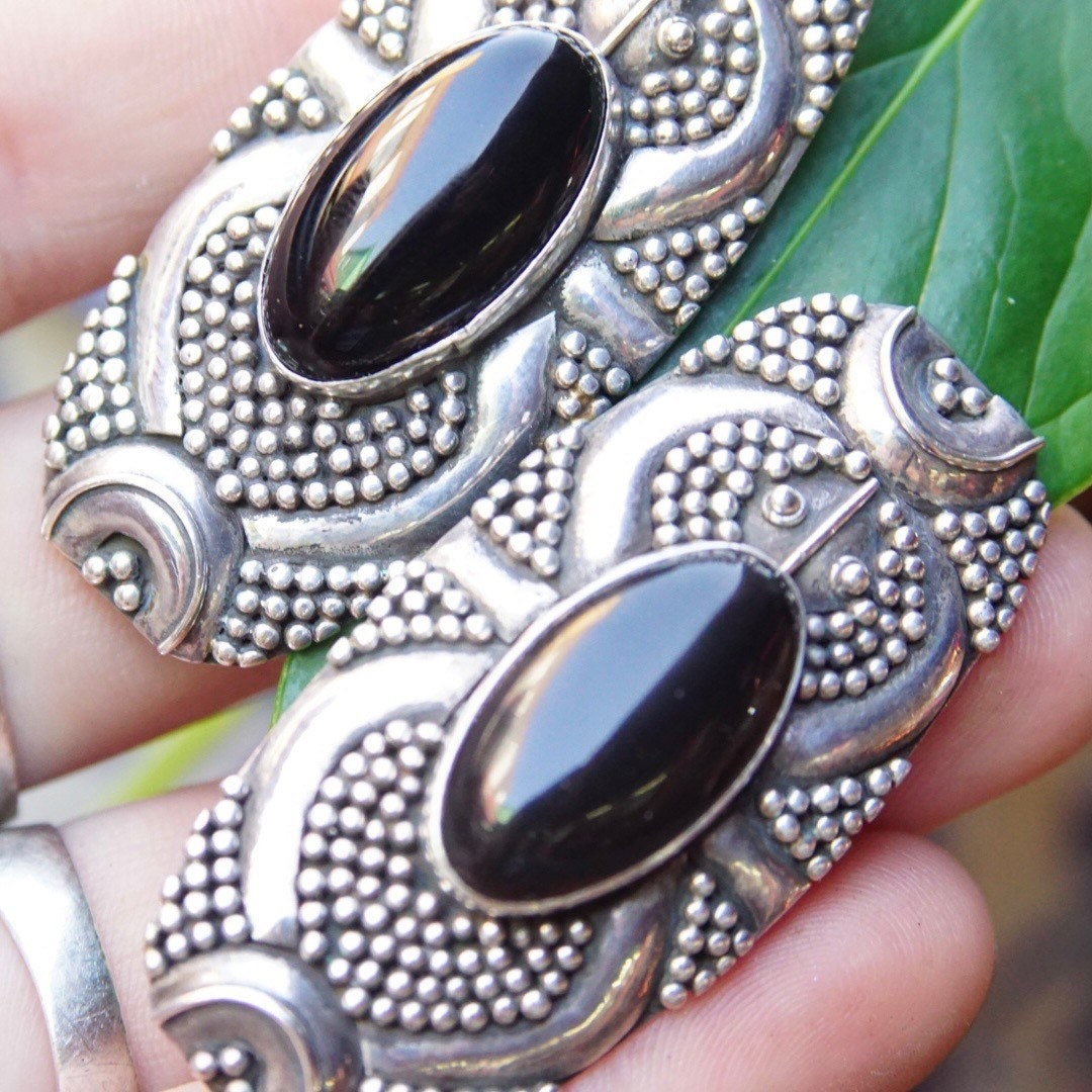 Jet Shield Earrings, Long Ornate Silver Stud Earrings, Tribal Look, Glossy Black Stone, 925 Statement Earrings