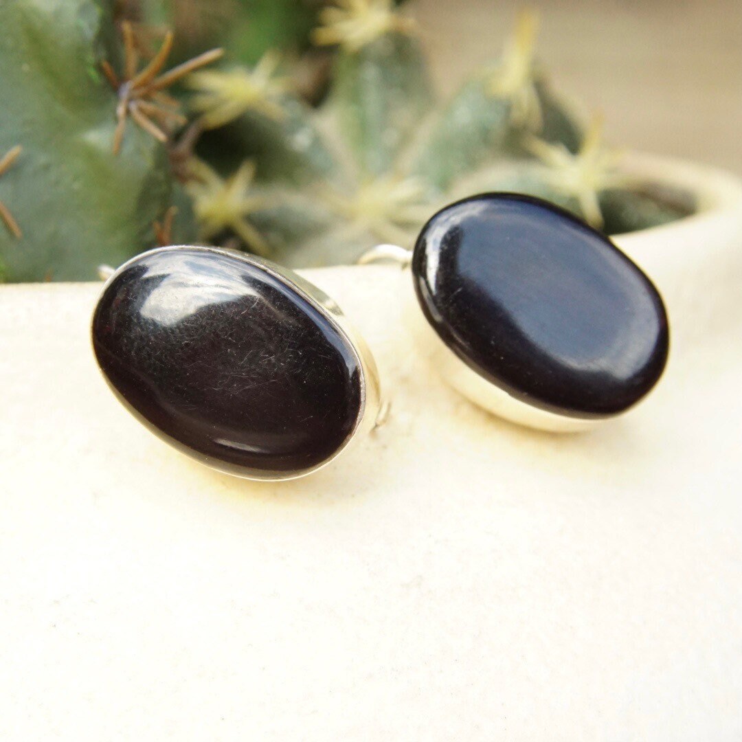 Vintage TAXCO Modernist Sterling Silver Onyx Drop Earrings, Black & Silver Dangle Earrings, Mexico 925, Latch Hook Earrings, 1" Long