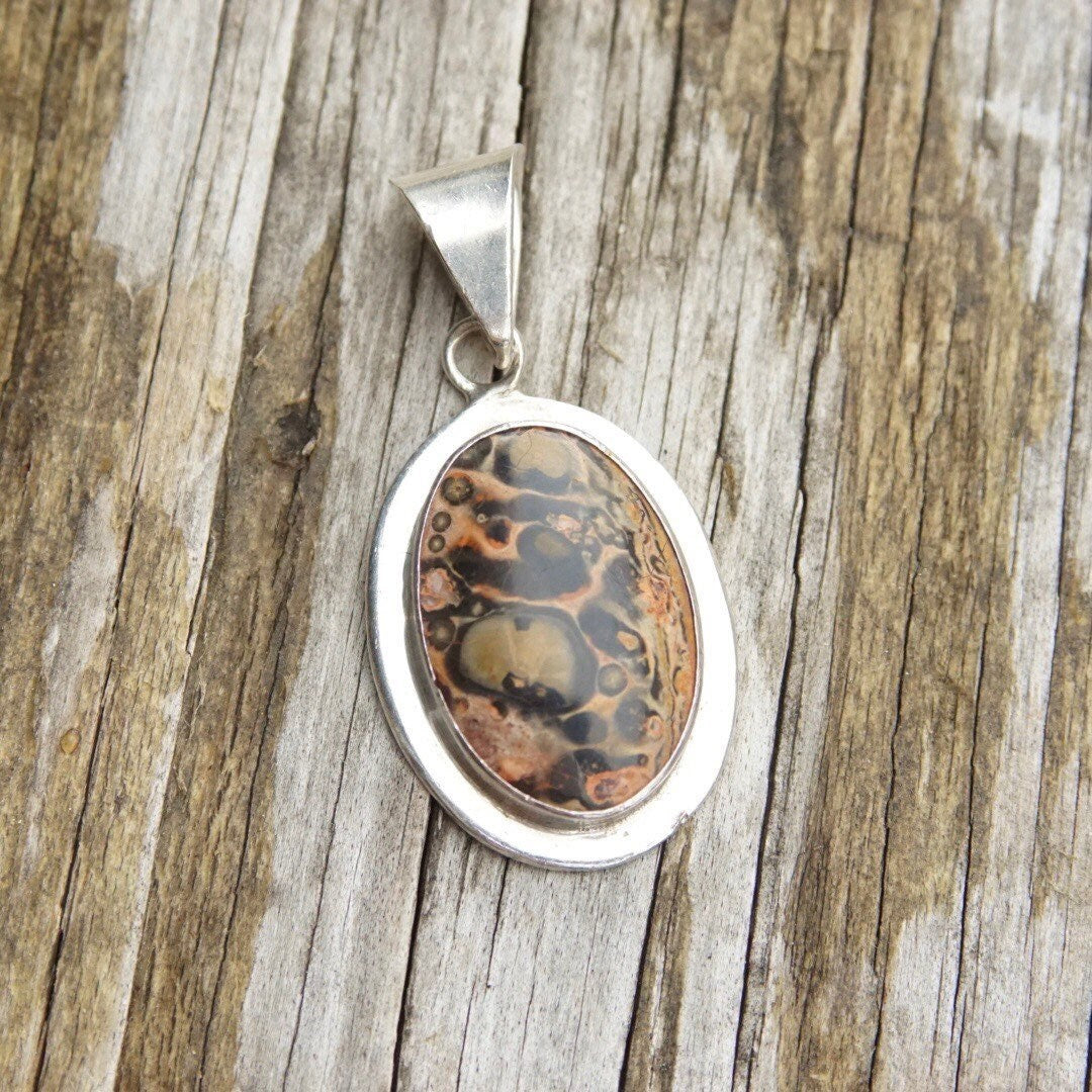 Vintage Sterling Silver Crazy Lace Agate Pendant, Pink & Black Banded Chalcedony Stone, Unique Gemstone, Large Silver Bail, Mexico 925