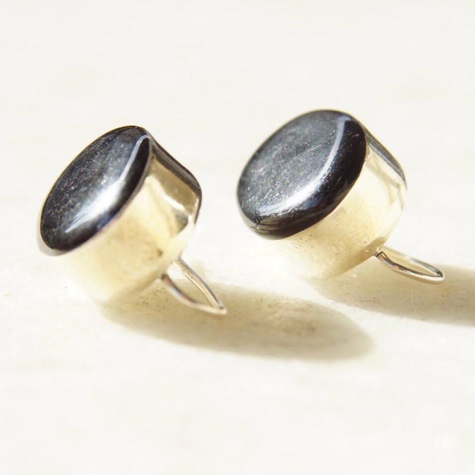 Vintage TAXCO Modernist Sterling Silver Onyx Drop Earrings, Black & Silver Dangle Earrings, Mexico 925, Latch Hook Earrings, 1" Long