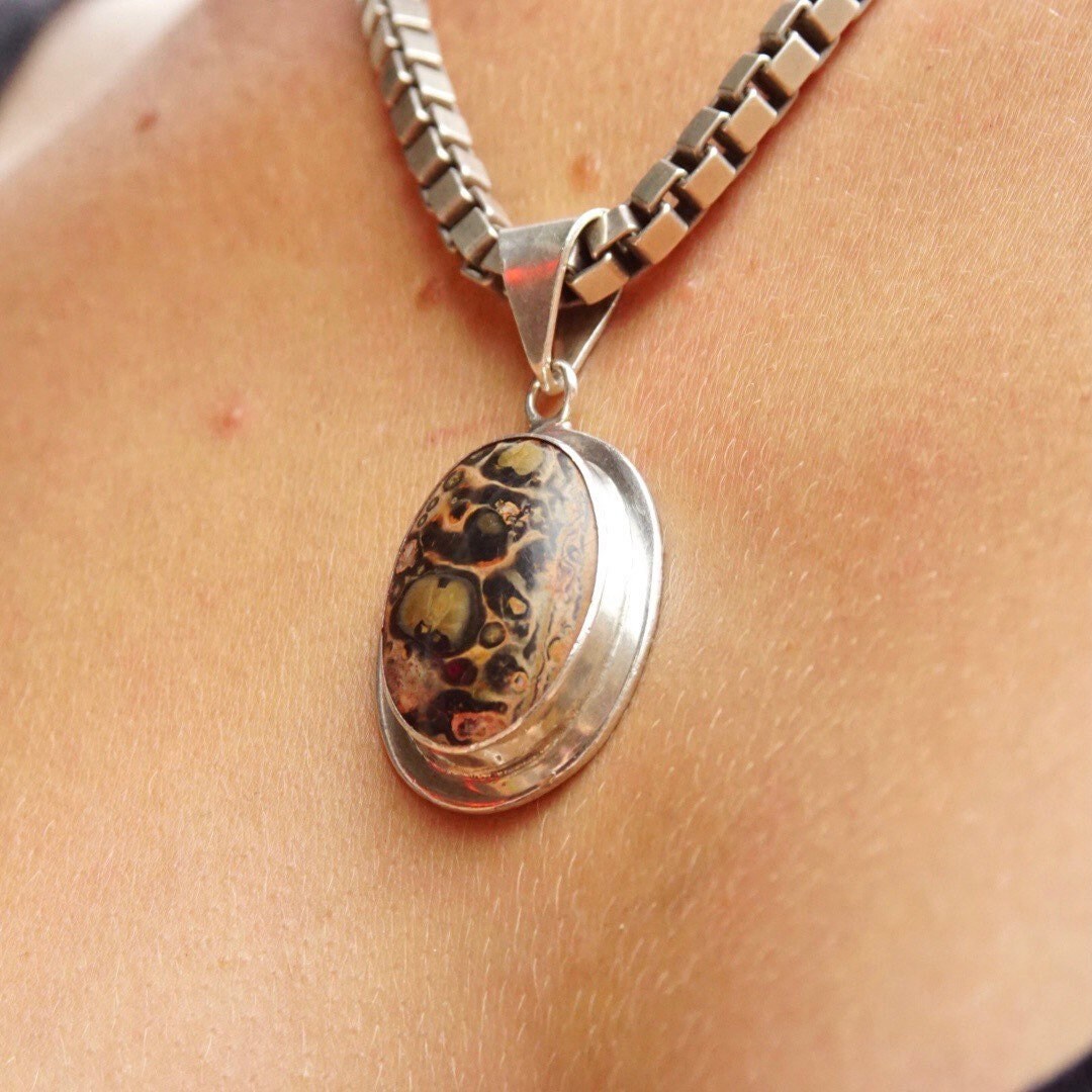 Vintage Sterling Silver Crazy Lace Agate Pendant, Pink & Black Banded Chalcedony Stone, Unique Gemstone, Large Silver Bail, Mexico 925
