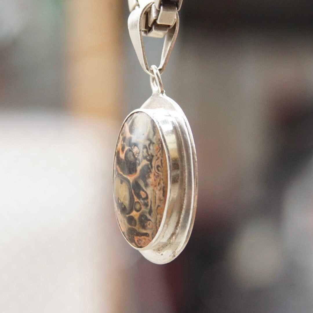 Vintage Sterling Silver Crazy Lace Agate Pendant, Pink & Black Banded Chalcedony Stone, Unique Gemstone, Large Silver Bail, Mexico 925