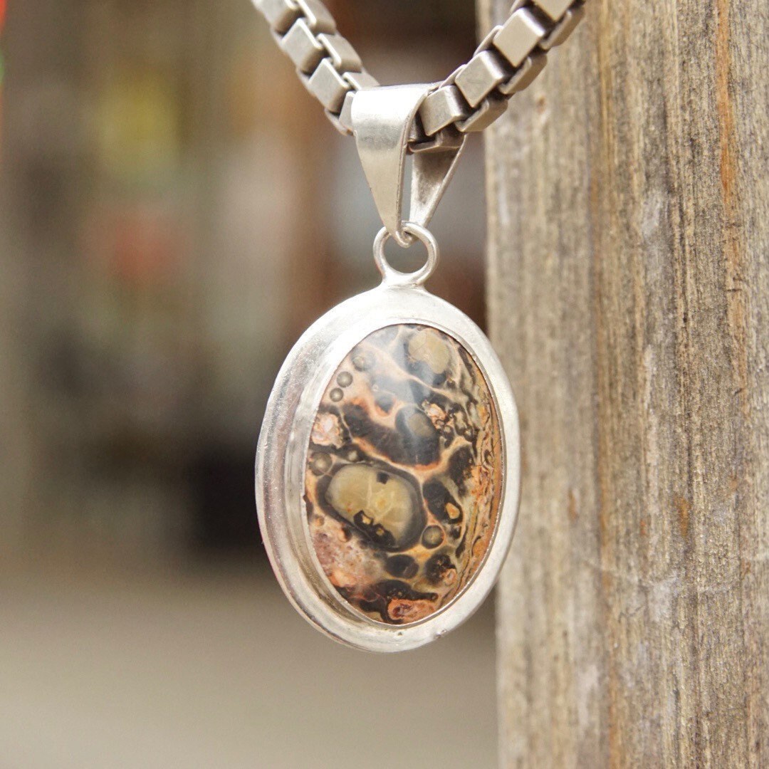 Vintage Sterling Silver Crazy Lace Agate Pendant, Pink & Black Banded Chalcedony Stone, Unique Gemstone, Large Silver Bail, Mexico 925