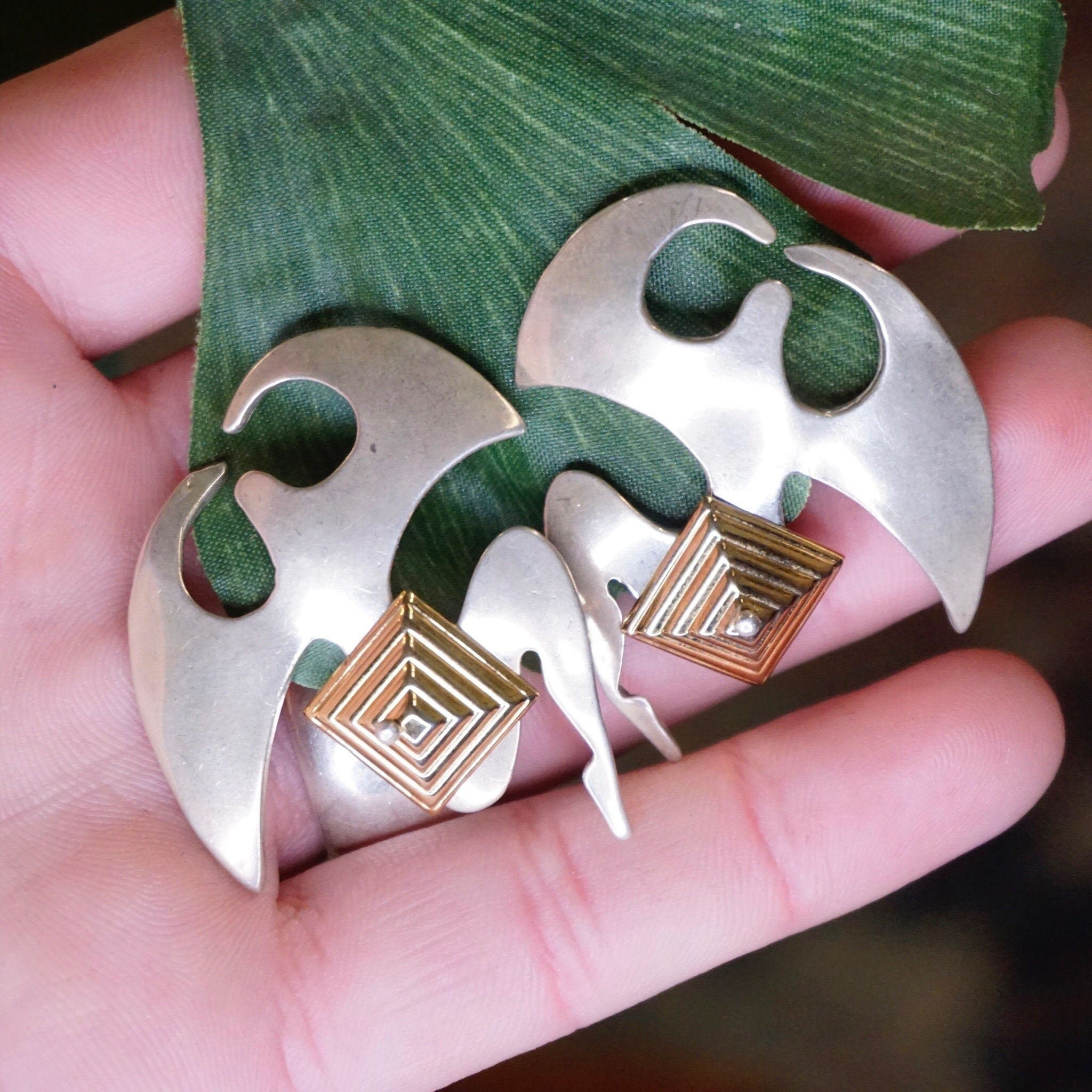 Vintage Two Tone Silver & Gold Stud Earrings, Avant Garde Silver Earrings With Gold Pyramid, Abstract Silver and Gold Tone Post Earrings