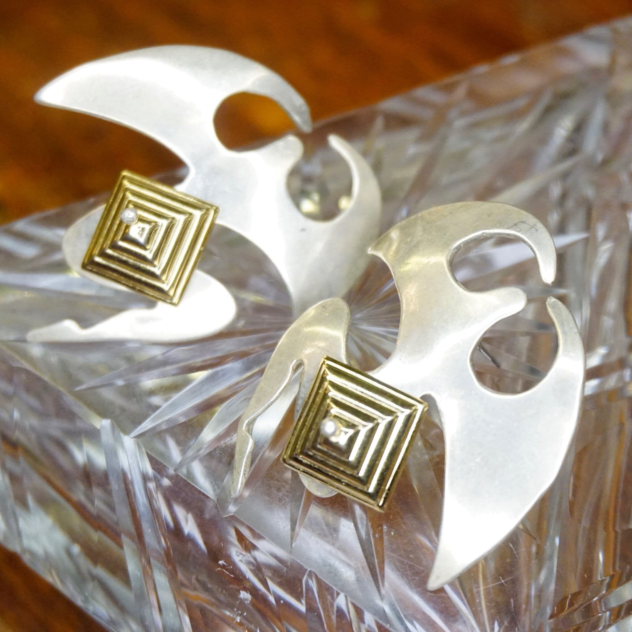 Vintage Two Tone Silver & Gold Stud Earrings, Avant Garde Silver Earrings With Gold Pyramid, Abstract Silver and Gold Tone Post Earrings