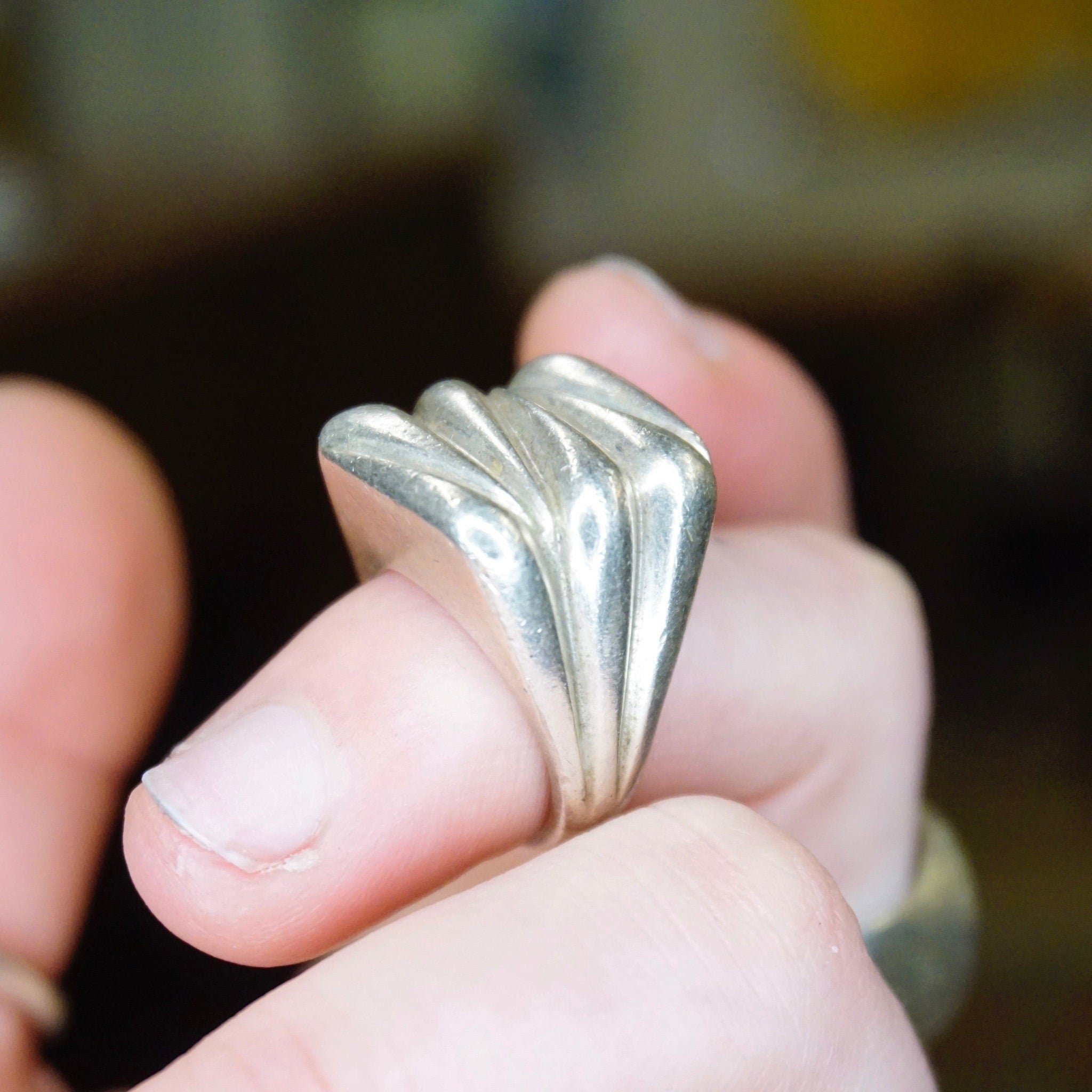 4 US, Modernist Silver Ring Zig Zag Pattern, Unique Sterling Ring With Textured Face, 925