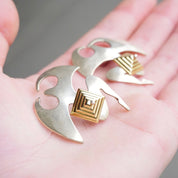 Vintage Two Tone Silver & Gold Stud Earrings, Avant Garde Silver Earrings With Gold Pyramid, Abstract Silver and Gold Tone Post Earrings
