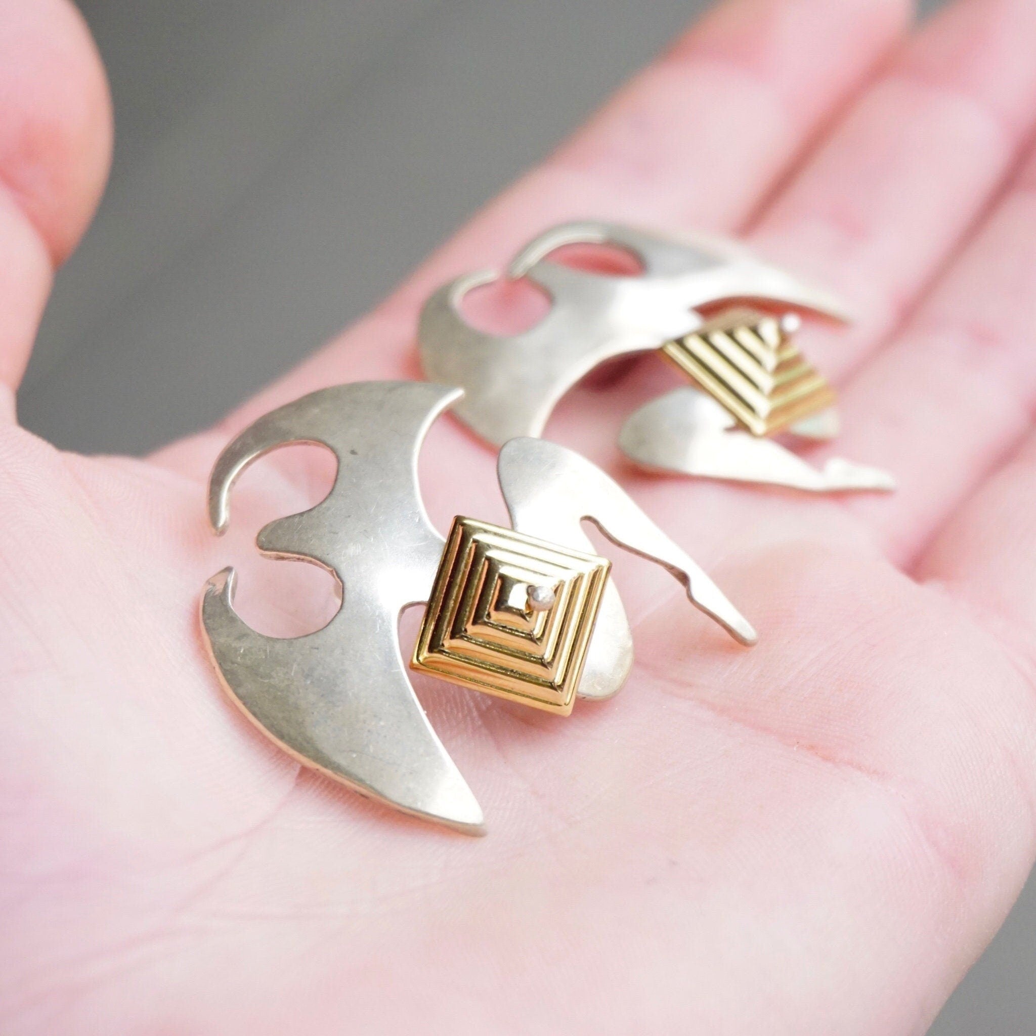 Vintage Two Tone Silver & Gold Stud Earrings, Avant Garde Silver Earrings With Gold Pyramid, Abstract Silver and Gold Tone Post Earrings
