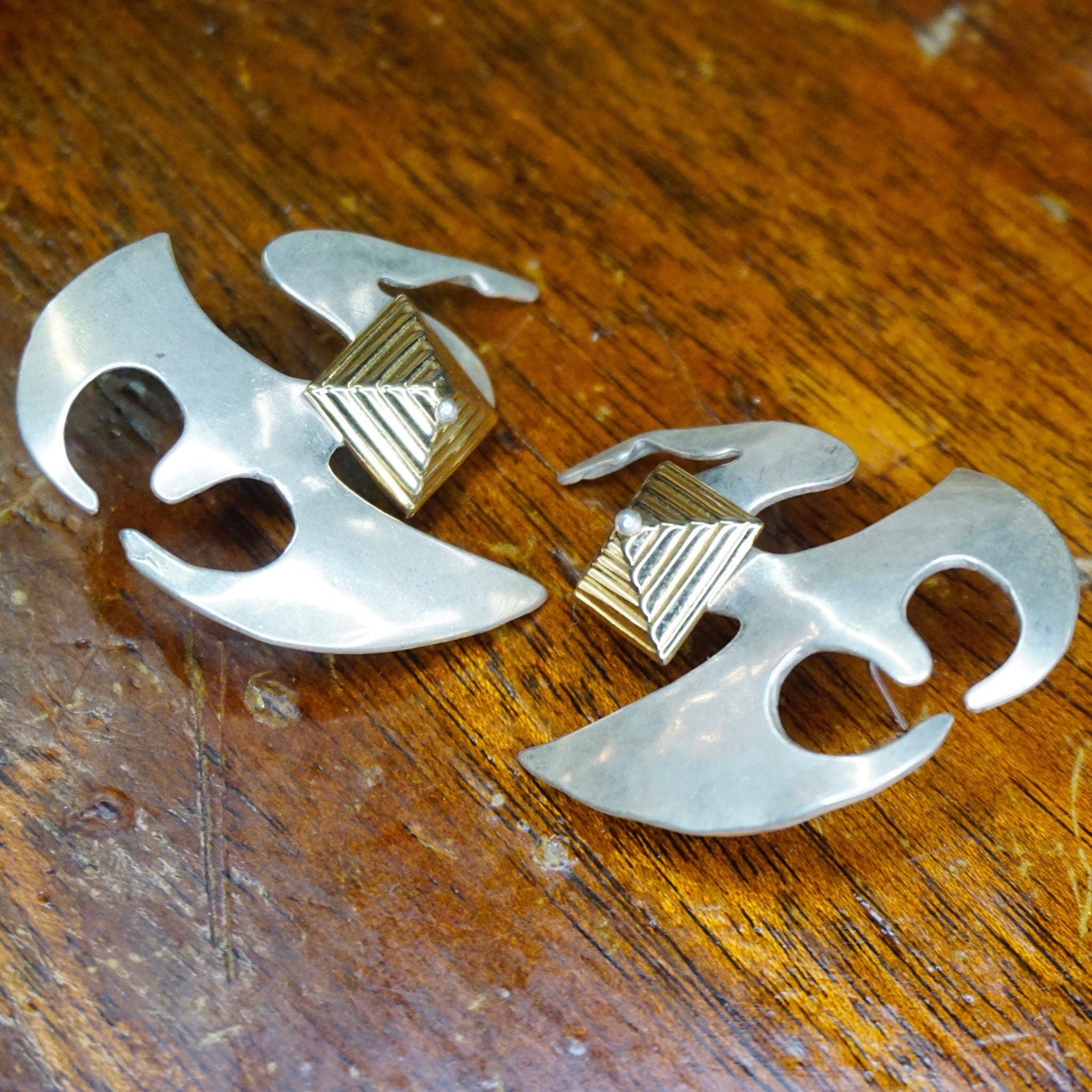 Vintage Two Tone Silver & Gold Stud Earrings, Avant Garde Silver Earrings With Gold Pyramid, Abstract Silver and Gold Tone Post Earrings