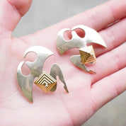Vintage Two Tone Silver & Gold Stud Earrings, Avant Garde Silver Earrings With Gold Pyramid, Abstract Silver and Gold Tone Post Earrings