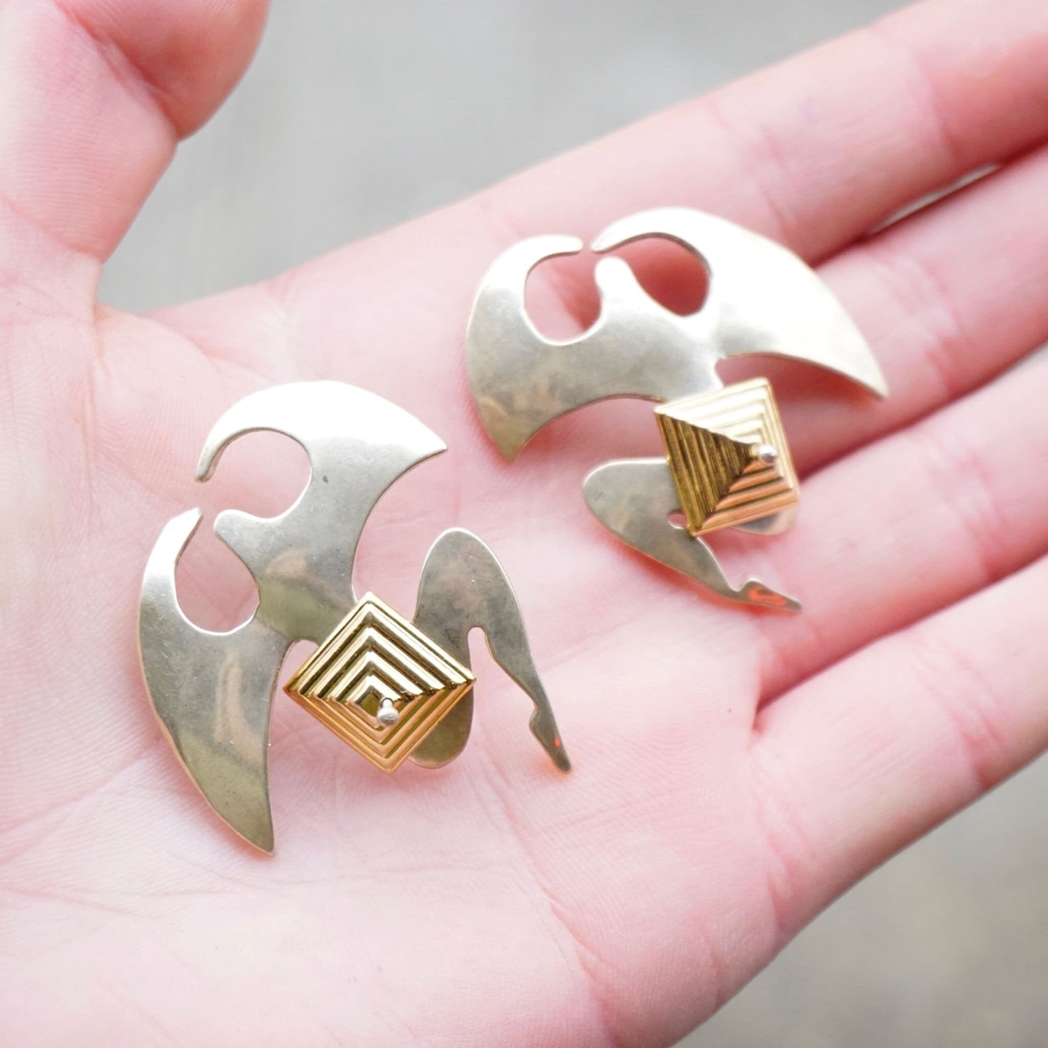 Vintage Two Tone Silver & Gold Stud Earrings, Avant Garde Silver Earrings With Gold Pyramid, Abstract Silver and Gold Tone Post Earrings
