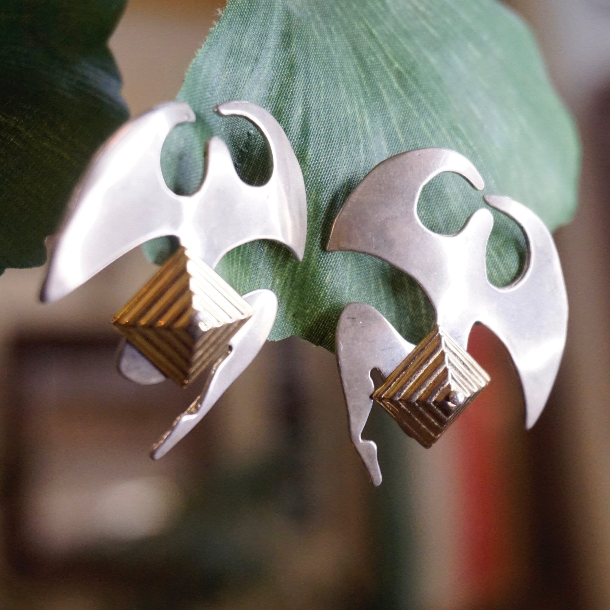 Vintage Two Tone Silver & Gold Stud Earrings, Avant Garde Silver Earrings With Gold Pyramid, Abstract Silver and Gold Tone Post Earrings