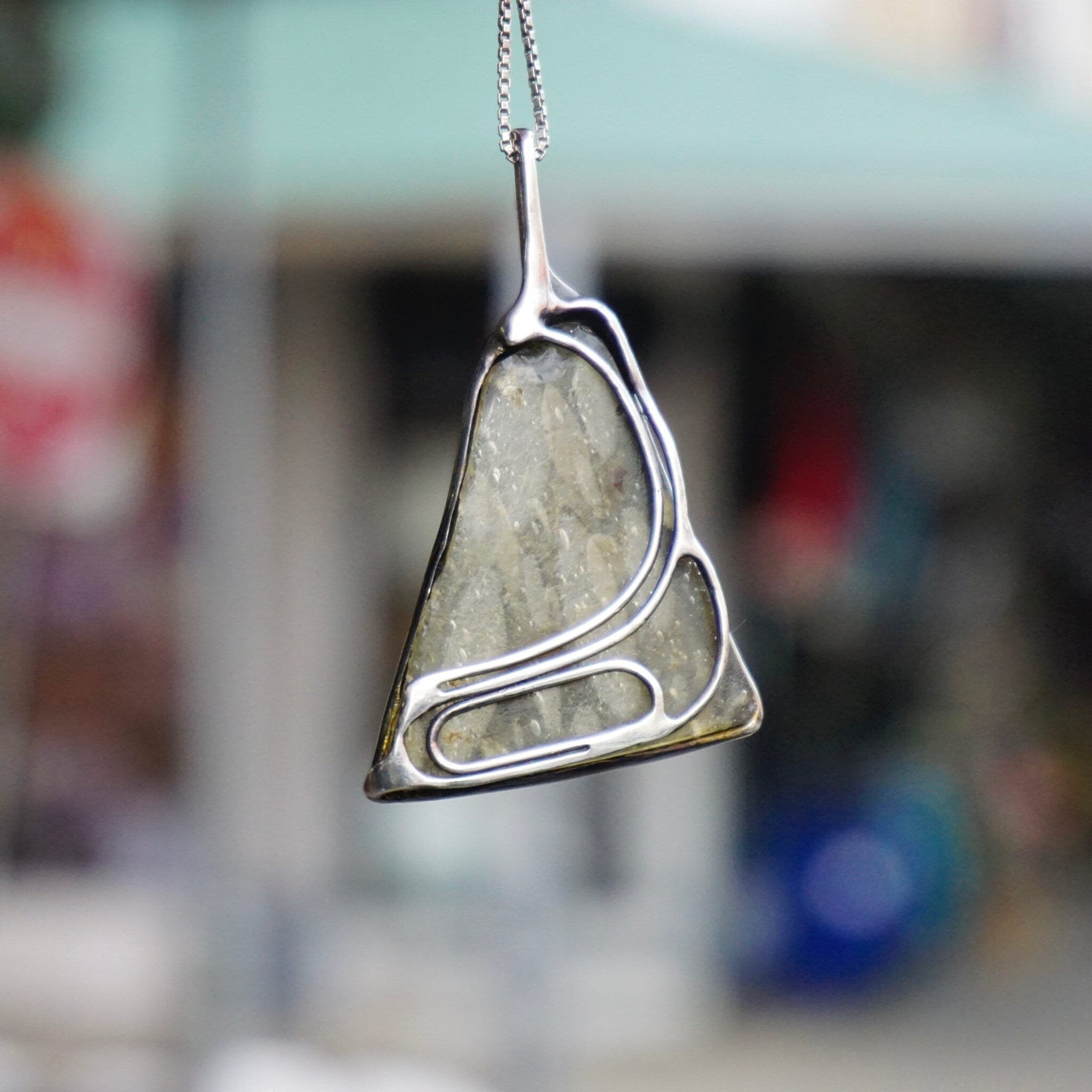 Vintage Sterling Silver Pendant Necklace, Artisan Wire Wrapped Glass Shard Pendant, Silver Box Chain Necklace With Abstract Silver Pendant