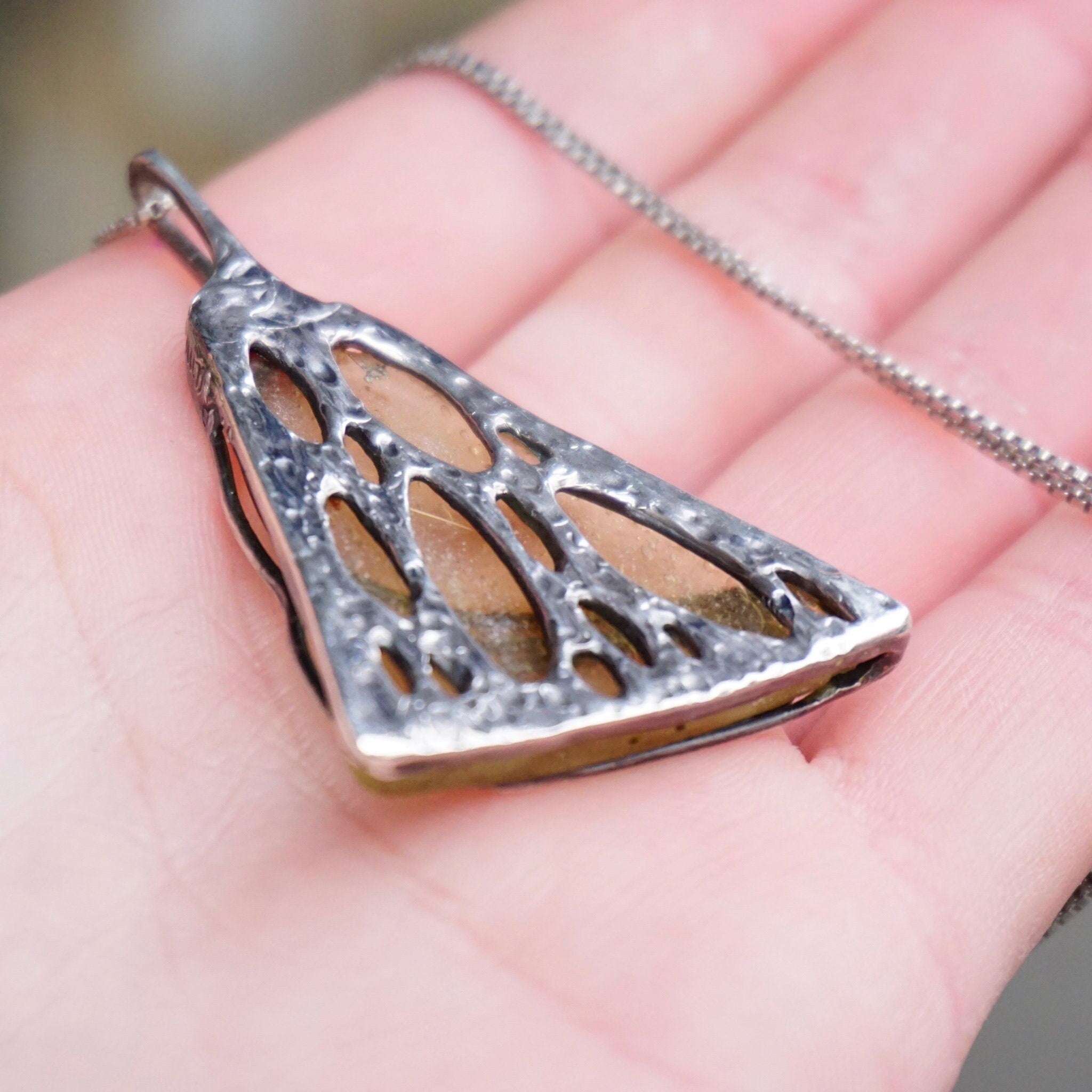 Vintage Sterling Silver Pendant Necklace, Artisan Wire Wrapped Glass Shard Pendant, Silver Box Chain Necklace With Abstract Silver Pendant