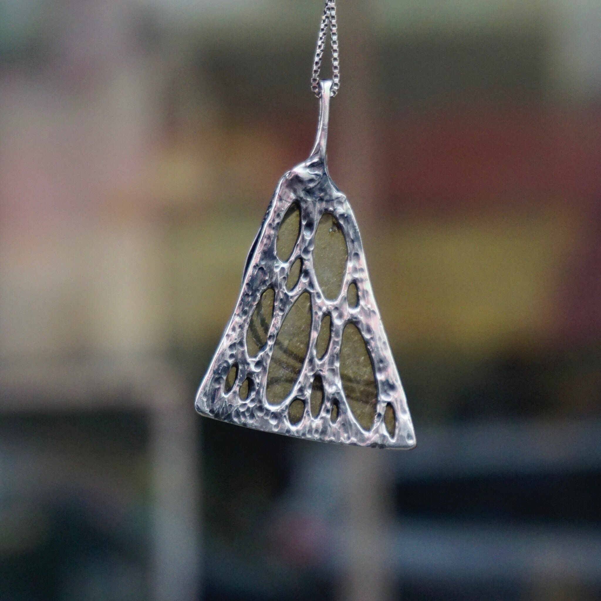 Vintage Sterling Silver Pendant Necklace, Artisan Wire Wrapped Glass Shard Pendant, Silver Box Chain Necklace With Abstract Silver Pendant