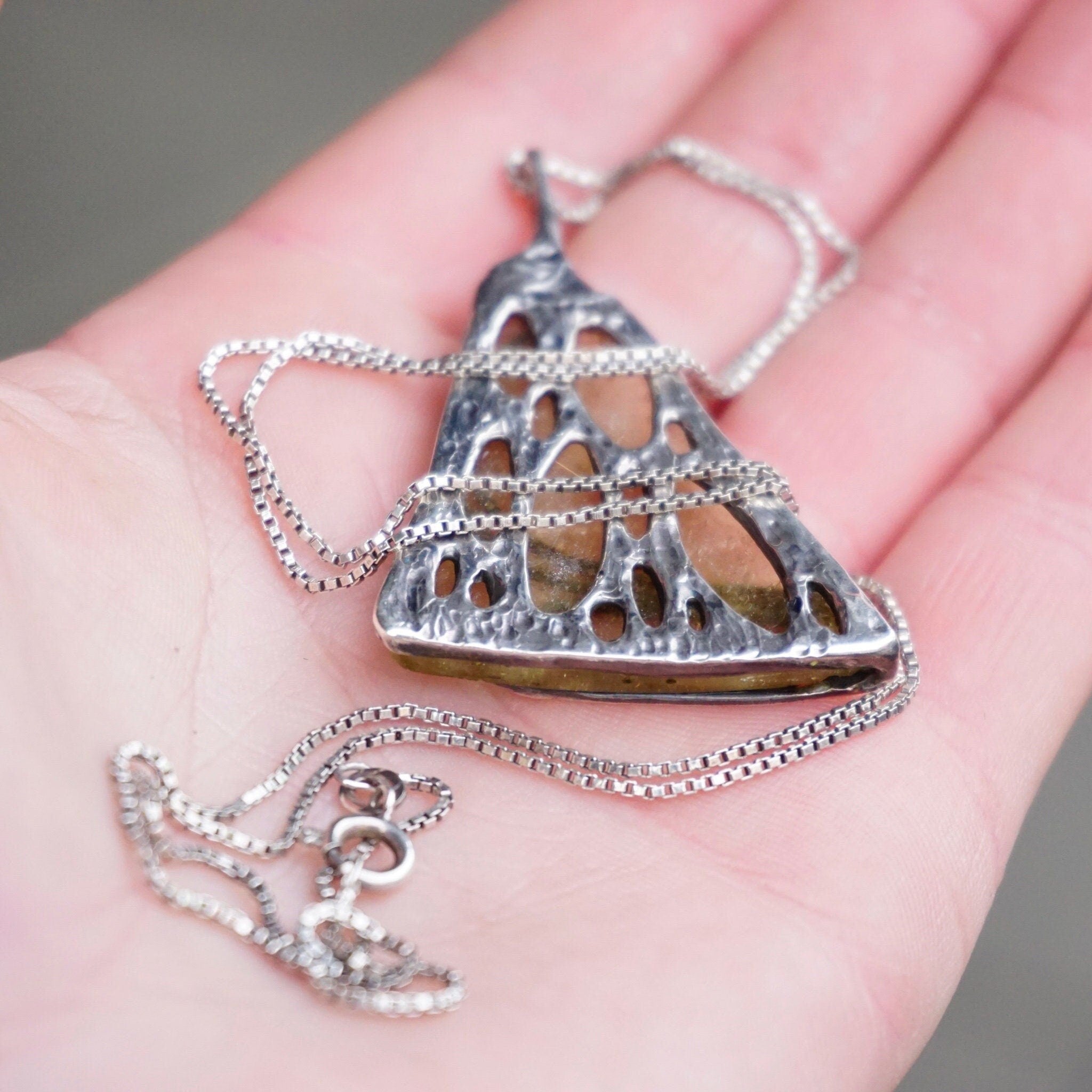 Vintage Sterling Silver Pendant Necklace, Artisan Wire Wrapped Glass Shard Pendant, Silver Box Chain Necklace With Abstract Silver Pendant
