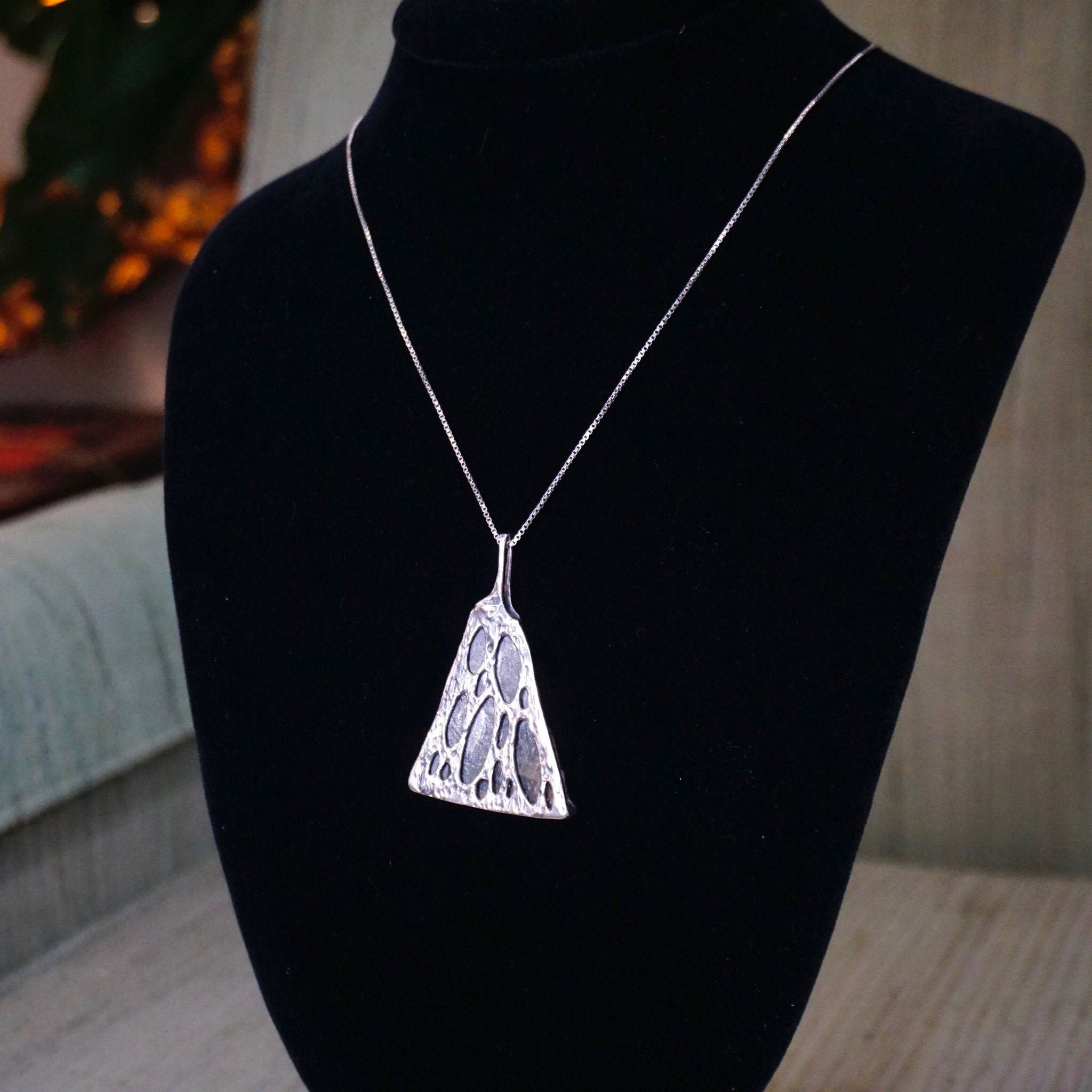 Vintage Sterling Silver Pendant Necklace, Artisan Wire Wrapped Glass Shard Pendant, Silver Box Chain Necklace With Abstract Silver Pendant