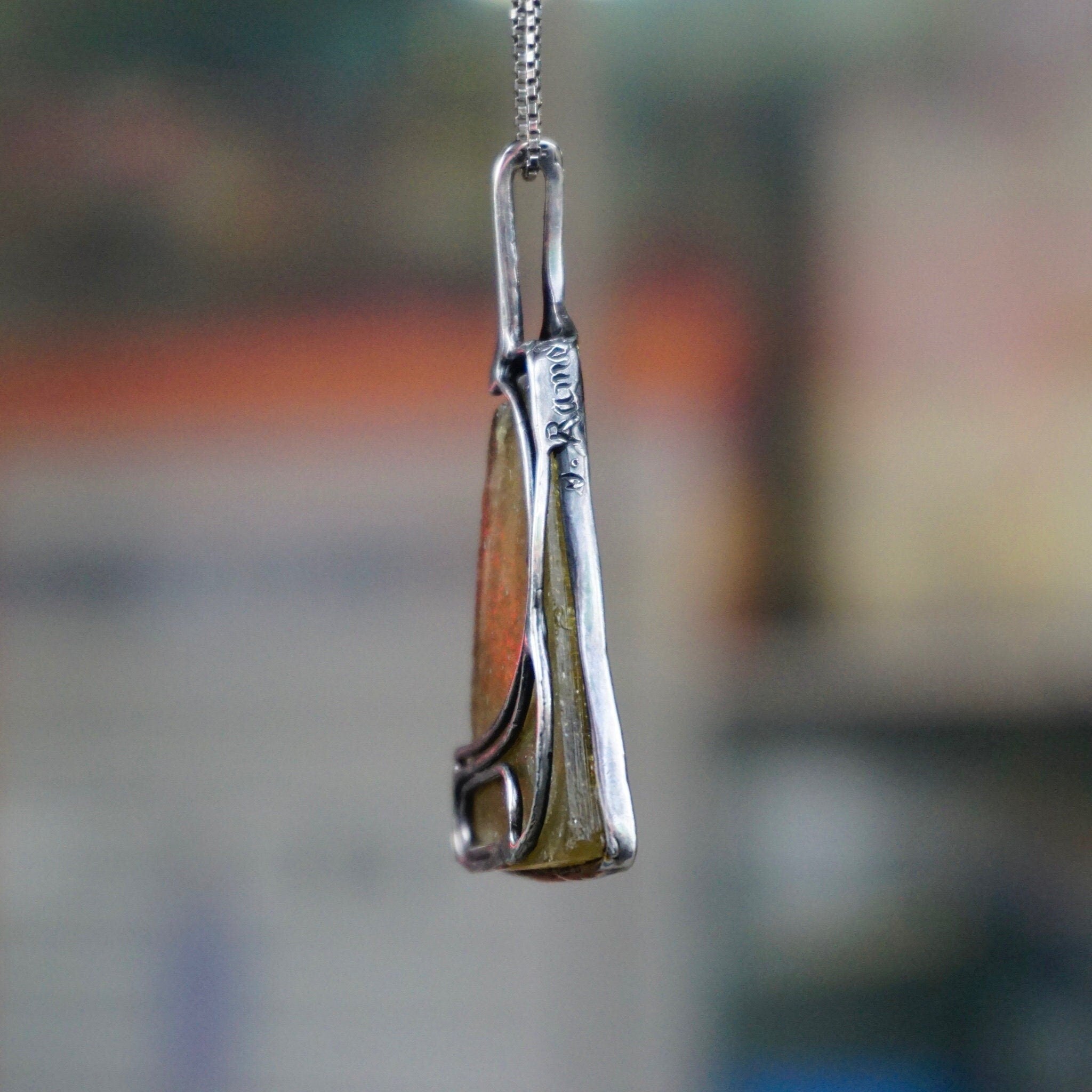 Vintage Sterling Silver Pendant Necklace, Artisan Wire Wrapped Glass Shard Pendant, Silver Box Chain Necklace With Abstract Silver Pendant