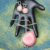 Vintage Sterling Silver & Pink Rhodochrosite Teardrop Pendant Necklace Earring Set, Dangle Clip On Earrings, Danish Modernist, Peter Ernst